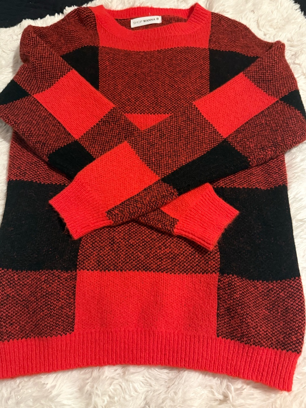 Shop Wanna B boutique Red & Black Checker plaid Sweater very soft oversized fit